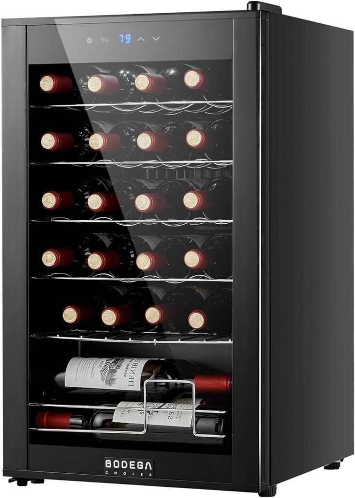 BODEGACOOLER 24 Bottle Compressor Wine Cooler, Freestanding Wine Cellar for Red, White or Champagne，Mini Fridge with 41-64.4°F Digital Temperature Control Glass Door