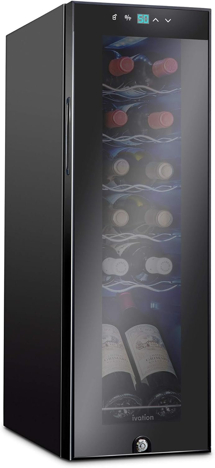 Ivation 12 Bottle Compressor Wine Cooler Refrigerator w/Lock, Large Freestanding Wine Cellar Fridge, 41f-64f Digital Temperature Control Glass Door Black