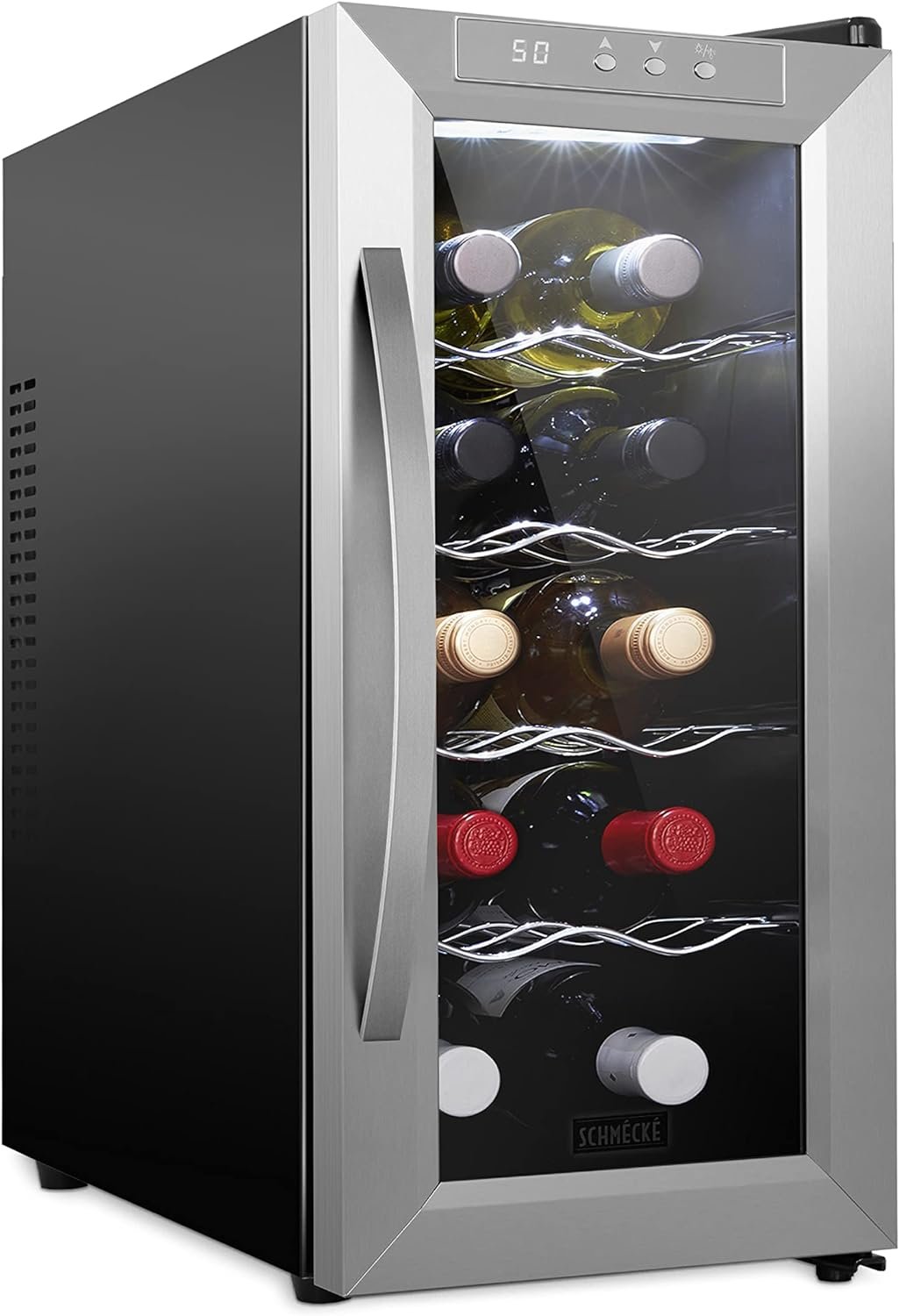 Schmécké 10 Bottle Thermoelectric Wine Cooler/Chiller - Stainless Steel - Counter Top Red  White Wine Cellar w/Digital Temperature, Freestanding Refrigerator Smoked Glass Door Quiet Operation Fridge